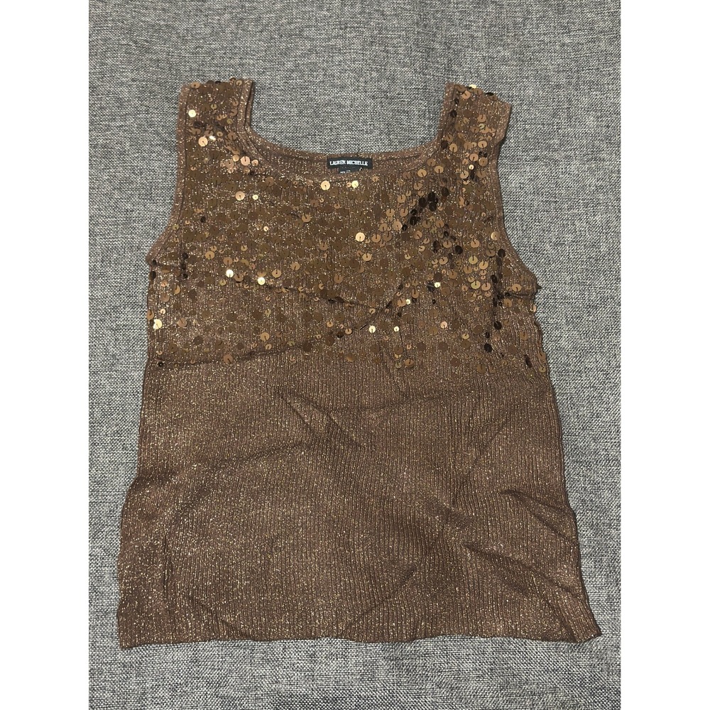 Lauren Michelle Womens XL Tank Top Brown Metallic Sequin Ribbed Knit Shell